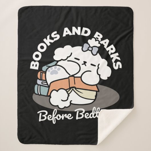 Books and Barks – Cute Sleepy Dog Reading Design シェルパブランケット (正面)