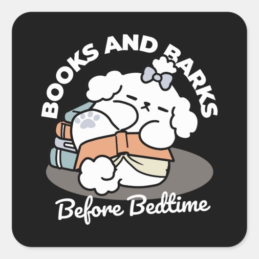 Books and Barks – Cute Sleepy Dog Reading Design スクエアシール (正面)