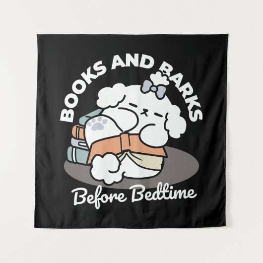 Books and Barks – Cute Sleepy Dog Reading Design タペストリー (正面)