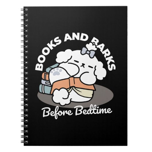 Books and Barks – Cute Sleepy Dog Reading Design ノートブック (正面)