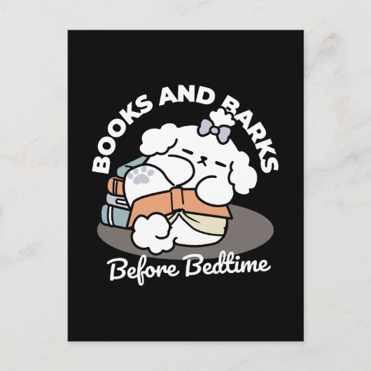 Books and Barks – Cute Sleepy Dog Reading Design ポストカード (正面)