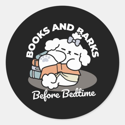 Books and Barks – Cute Sleepy Dog Reading Design ラウンドシール (正面)