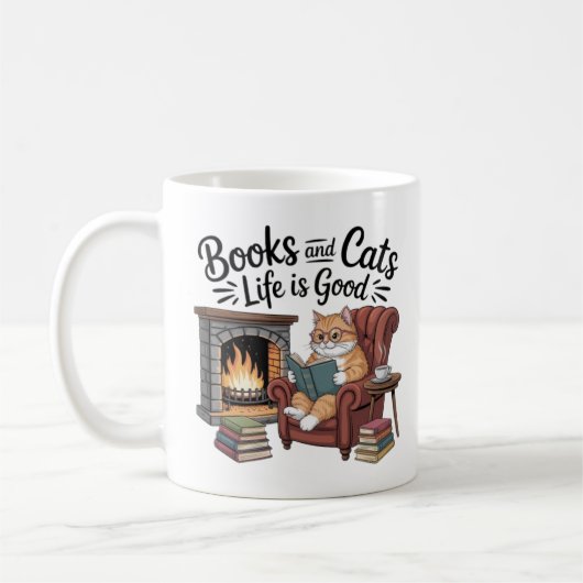 Books And Cats Life Is Good Funny Coffee Mug Cat L コーヒーマグカップ (左)