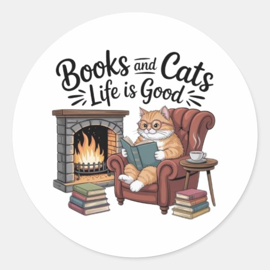Books And Cats Life Is Good Funny Sticker Cat Love ラウンドシール (正面)