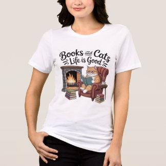 Books And Cats Life Is Good Funny Women T-Shirt Ca トライブレンドTシャツ