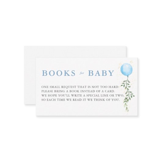 Books Blue Balloon Soft Greenery Boy Baby Shower エンクロージャーカード (正面/裏面インサイチュ)
