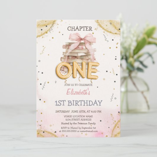 Books Bow Confetti Watercolor 1st Birthday  招待状 (スタンド正面)