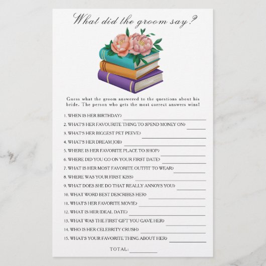 Books Bridal shower What did the groom say game (正面)