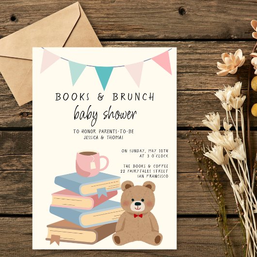Books & Brunch Neutral Books & Teddy Baby Shower 招待状