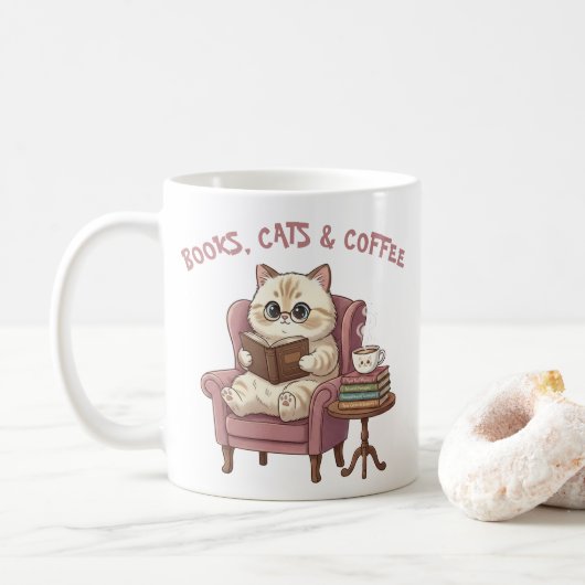 Books, Cats & Coffee Cute Cat Lover Mug コーヒーマグカップ (ドーナツ)