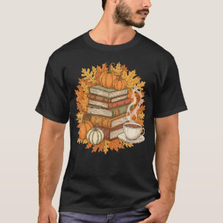Books Coffee Fall Leaves And Pumpkins Vintage Libr Tシャツ