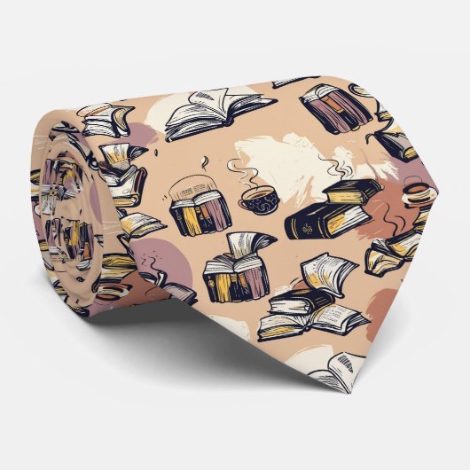 Books & Coffee Hand-Drawn Seamless Cozy Pattern ネクタイ (ロール)