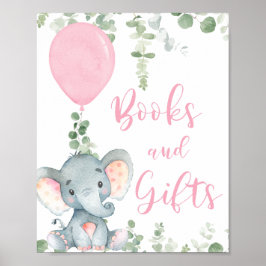 Books gifts pink elephant balloon baby shower sign ポスター