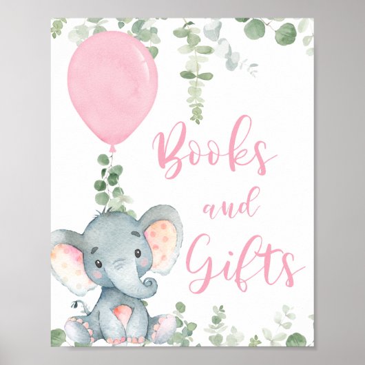 Books gifts pink elephant balloon baby shower sign ポスター (正面)