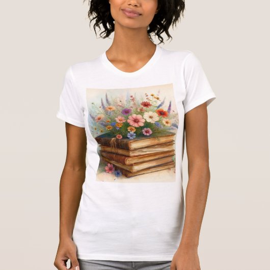 Books in Full Bloom – Watercolor Wildflower Tシャツ (正面)