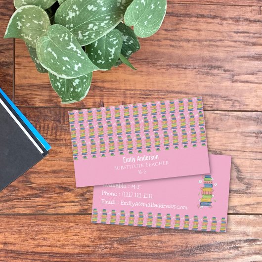 Books Pattern Sub Teacher Pink Business Card 名刺