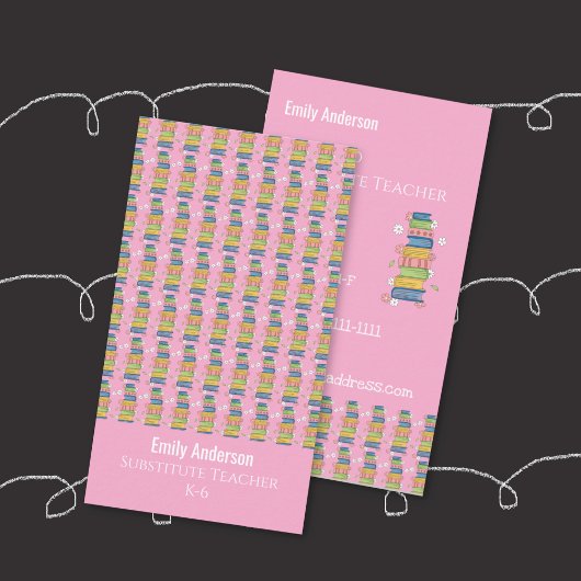 Books Pattern Tutor Pink Vertical Business Card コーリングカード