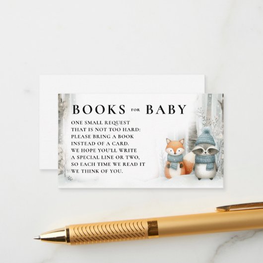 Books Winter Snow Woodland Animals Baby Shower エンクロージャーカード (正面/裏面インサイチュ)