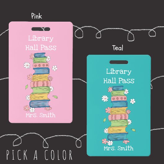 Bookstack and Flowers Pink Library Hall Pass Badge バッジ