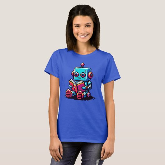 Bookworm Robot - Pixel Art Sci-Fiの読デザイン Tシャツ (正面フル)