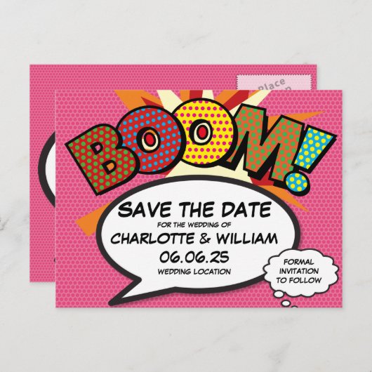 BOOM日付保存おもしろいレトロ漫画ブックアーポップ・アートのト 案内ポストカード (正面/裏面)