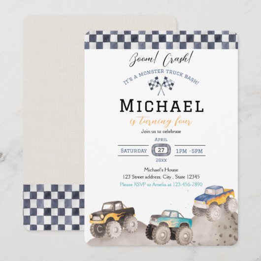 Boom Crash Monster Truck Bash 招待状 (正面/裏面)
