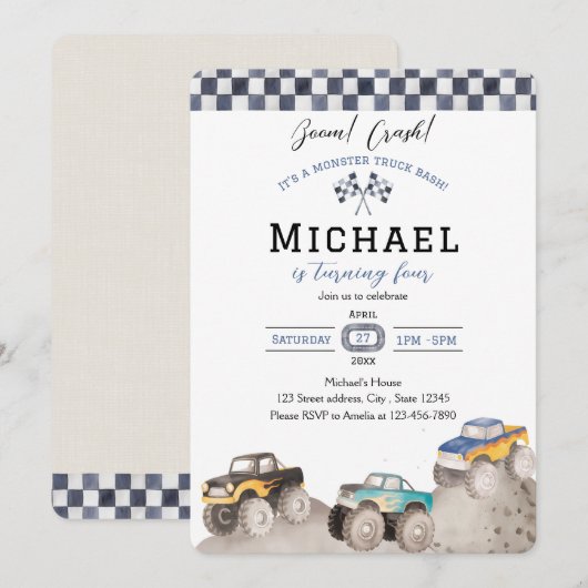 Boom Crash Monster Truck Bash Invite 招待状 (正面/裏面)
