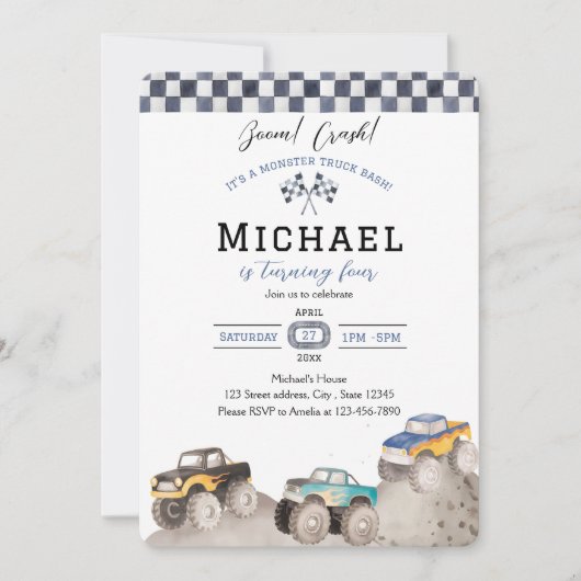 Boom Crash Monster Truck Bash Invite 招待状 (正面)