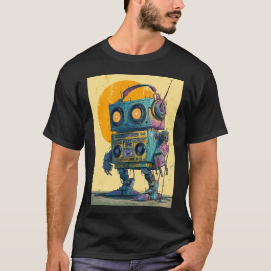 Boombox Bot Wanderer — Grunge Retro Mech  Tシャツ (正面)