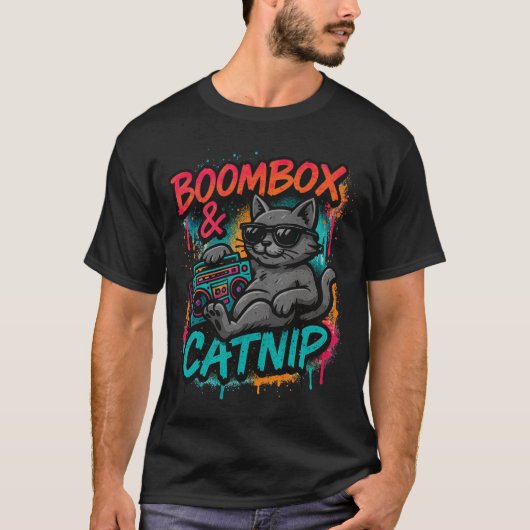 Boombox & Catnip – グラフィティストリートウェア猫Tシャツ Tシャツ (正面)