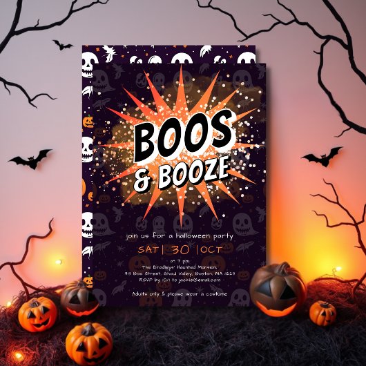 Boos & Booze Black & Orange Adult Halloween Party 招待状