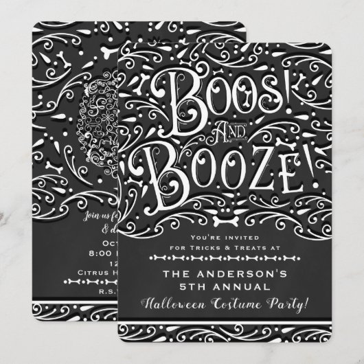 Boos & Booze Vintageチョーク エレガントなハロウィンパーティー 招待状 (正面/裏面)