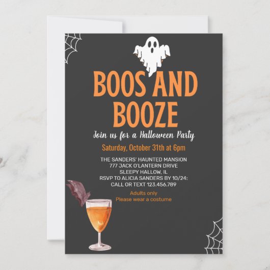 Boos y Booze Black Funny Halloween Party 招待状 (正面)