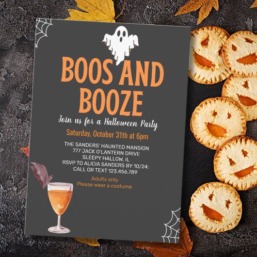 Boos y Booze Black Funny Halloween Party 招待状