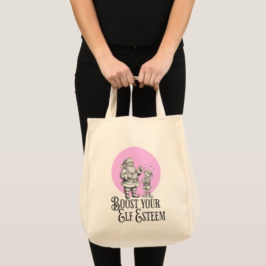 Boost your elf esteem funny santa elf pun tote bag トートバッグ (正面(商品))