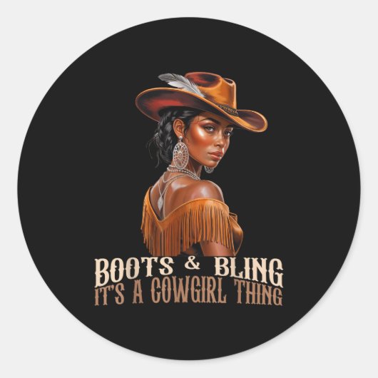 Boots &amp; Bling It's Cowgirl African Women Black ラウンドシール (正面)