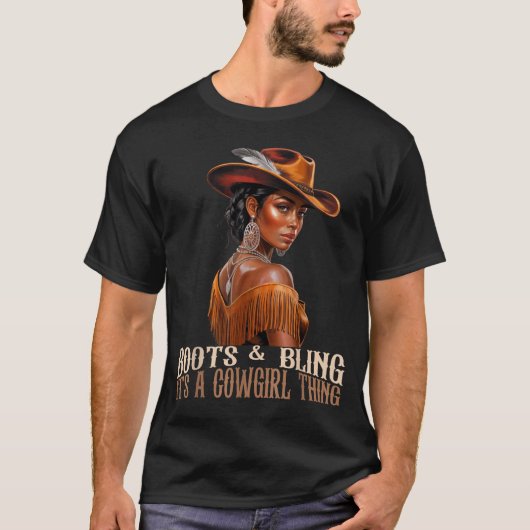 Boots &amp; Bling It's Cowgirl African Women Black Tシャツ (正面)