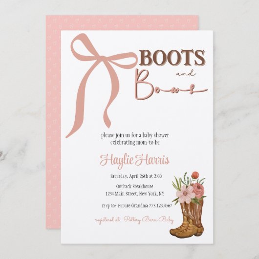 Boots and Bows Baby Girl Shower 招待状 (正面/裏面)