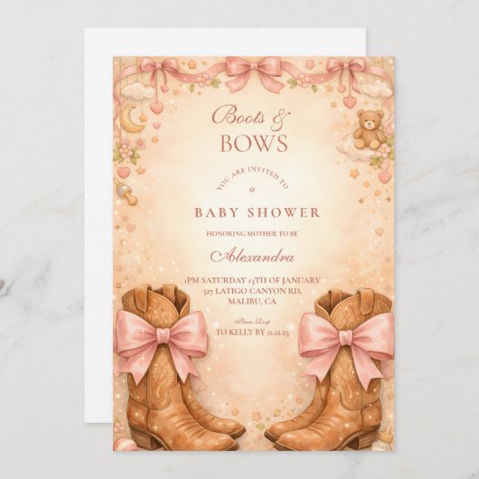 Boots And Bows Baby Shower 招待状 (正面/裏面)