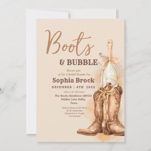  Boots and Bubbly Bridal Shower Invitation 招待状 (正面)