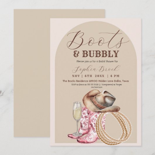  Boots and Bubbly Brown Western Bridal Shower 招待状 (正面/裏面)