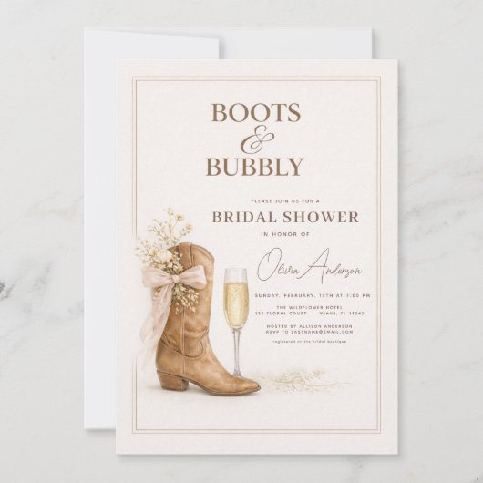 Boots and Bubbly Floral Bow Bridal Shower 招待状 (正面)