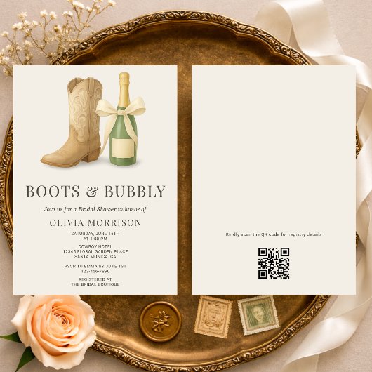 Boots and Bubbly QR Code Bow Bridal Shower 招待状