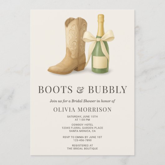Boots and Bubbly QR Code Bow Bridal Shower 招待状 (正面)