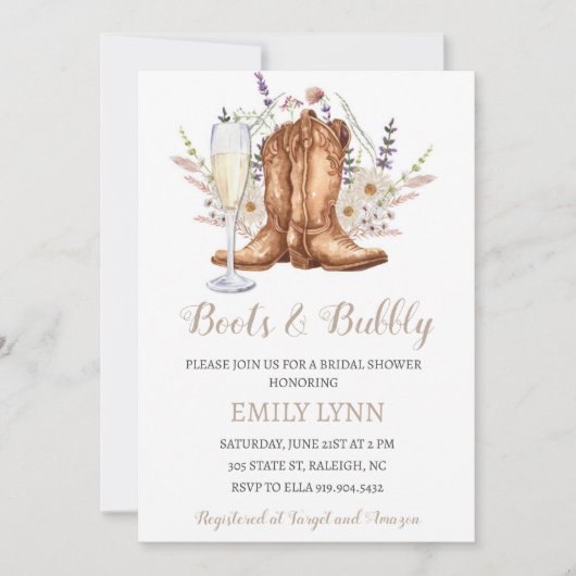 Boots and Bubbly Western Bridal Shower Invitation 招待状 (正面)
