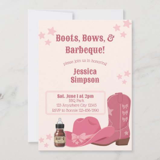 Boots Bows & BBQ Pink Baby Shower 招待状 (正面)