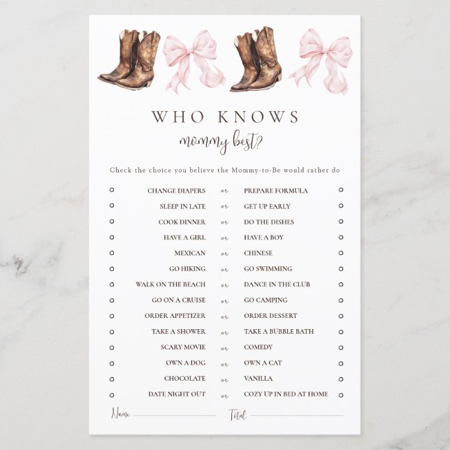 Boots & Bows Who Knows Mommy Best Baby Shower Game (正面)