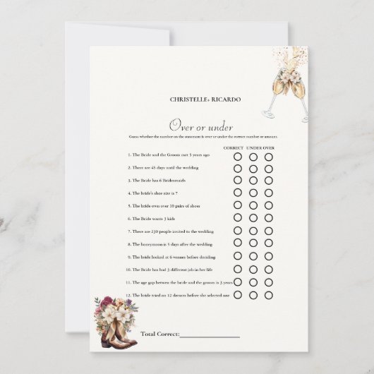 Boots & Bubb Over or under bridal shower game Card 案内状 (正面)