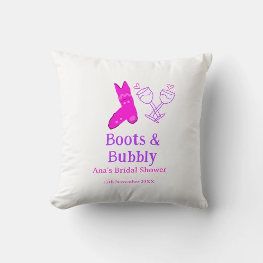 Boots & bubbly champagne bottle bridal shower pink クッション (正面)