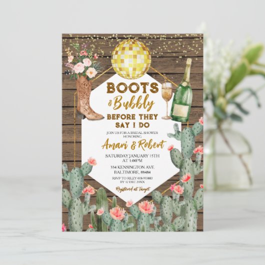 Boots & Bubbly Champagne Western Bridal Shower 招待状 (スタンド正面)